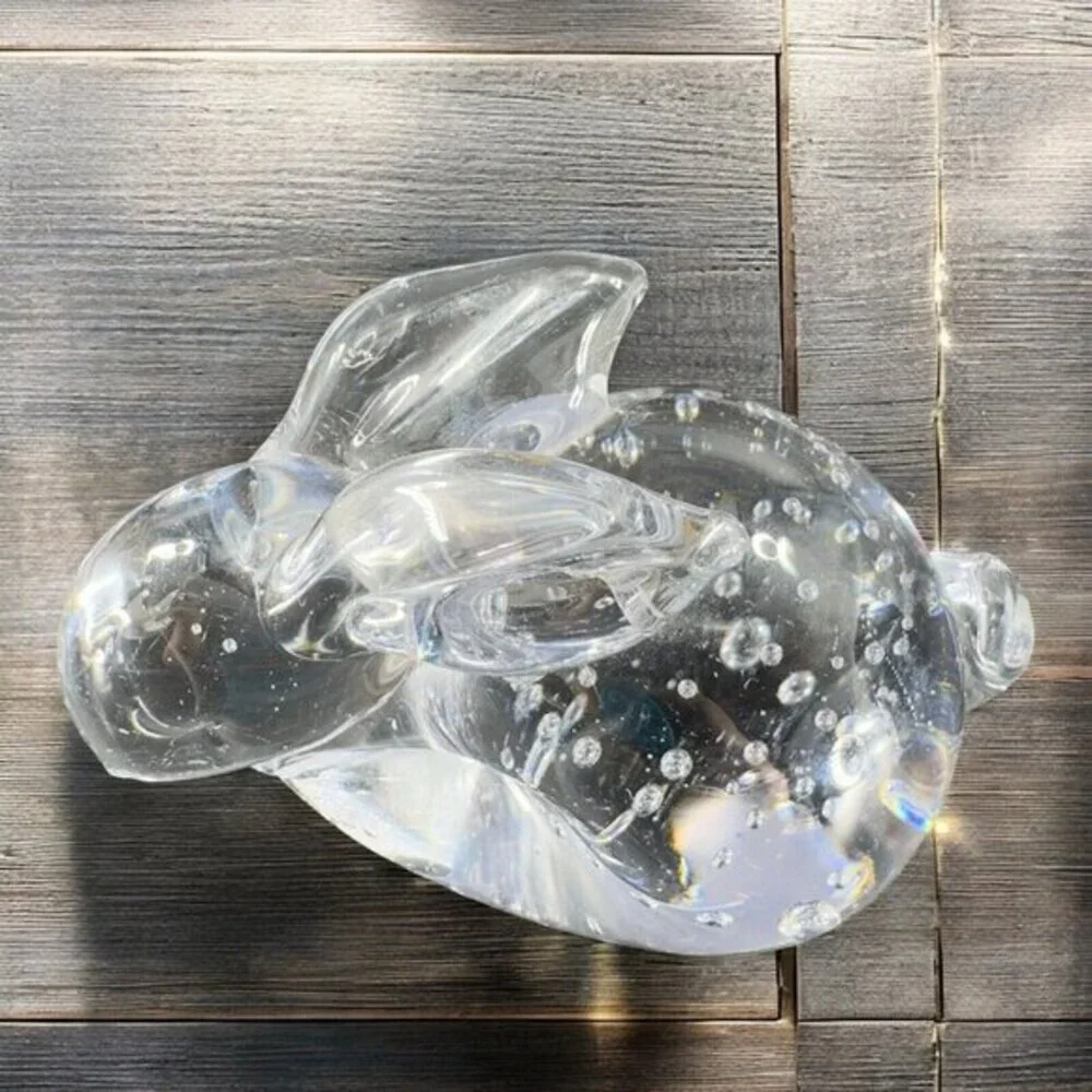 Vintage 1980s Clear Glass Bunny Figurine Paperweight‎ With Small Bubbles Figure